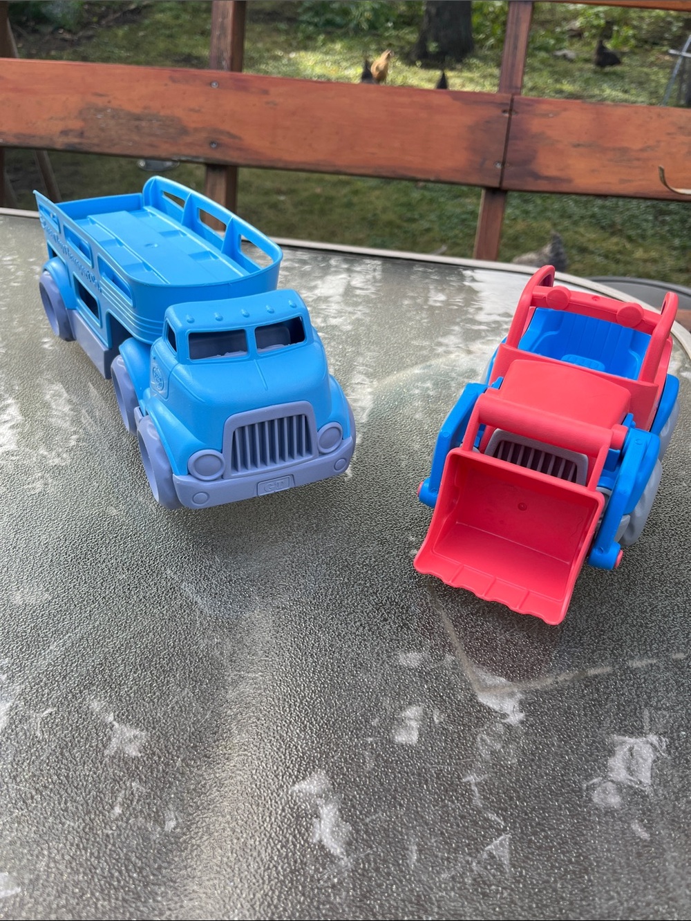 Green Toys Plastic Toy Car Hauler Truck and Loader Set - Blue and Red 3 Pieces